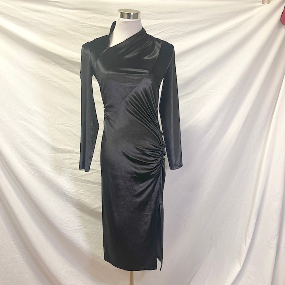 DONNA KARAN Black Stretch Velvet Ruched Social Dress Women's 2